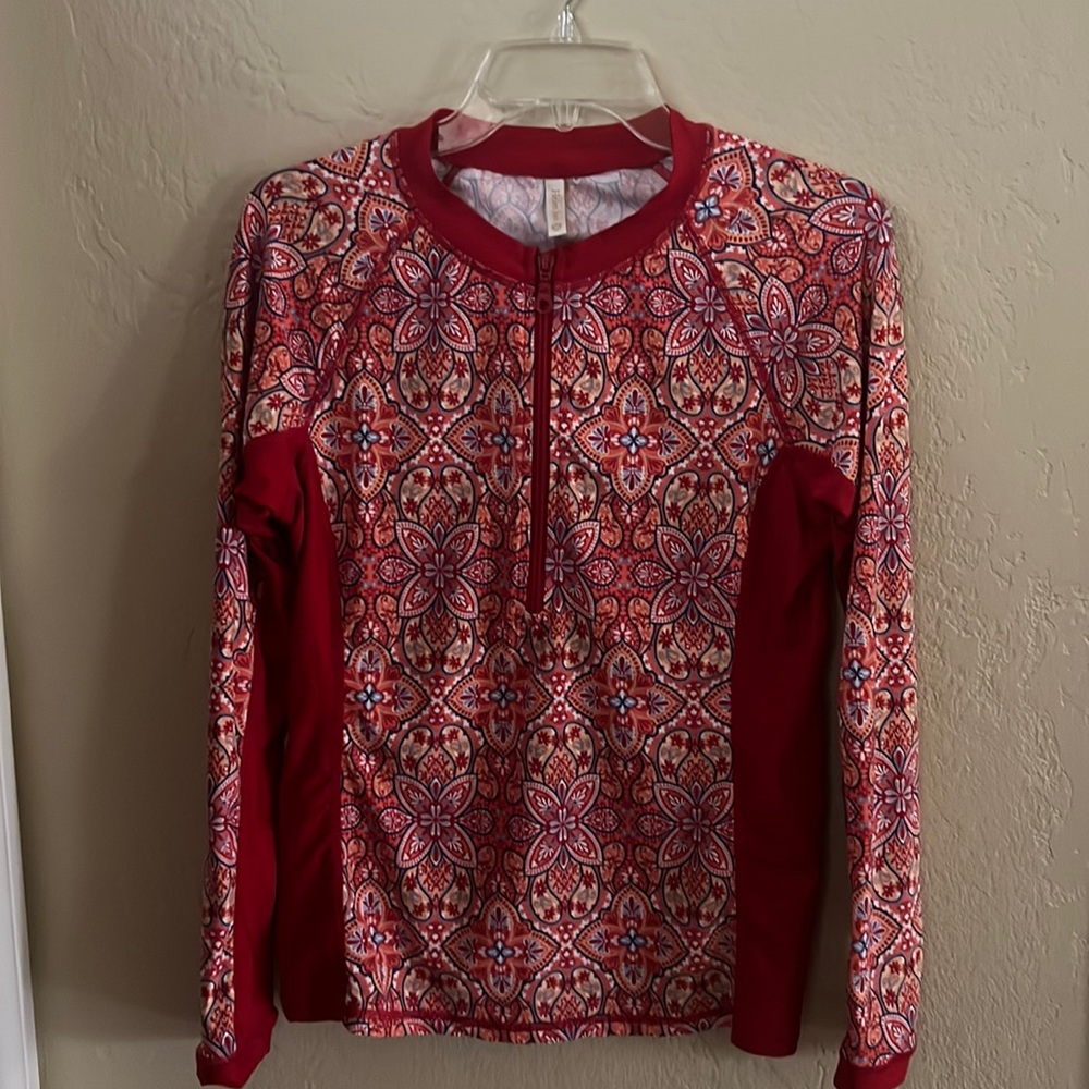 Helen Jon Zip Front Red Paisley Pattern Surf Shirt Rash Guard Sz Lg